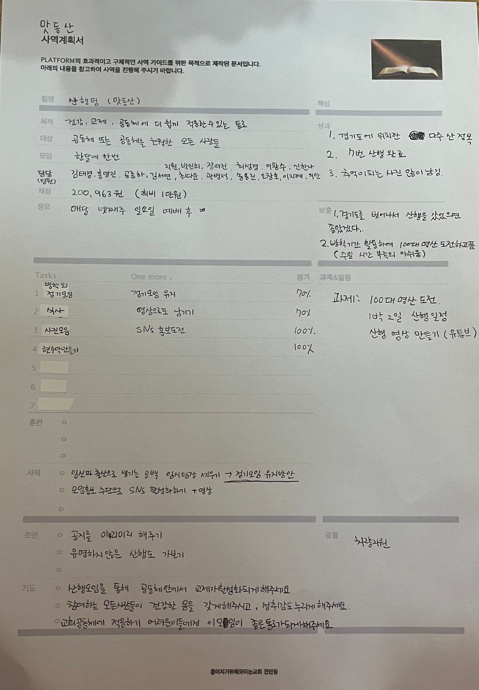 산행팀(맛동산) 사역계획서